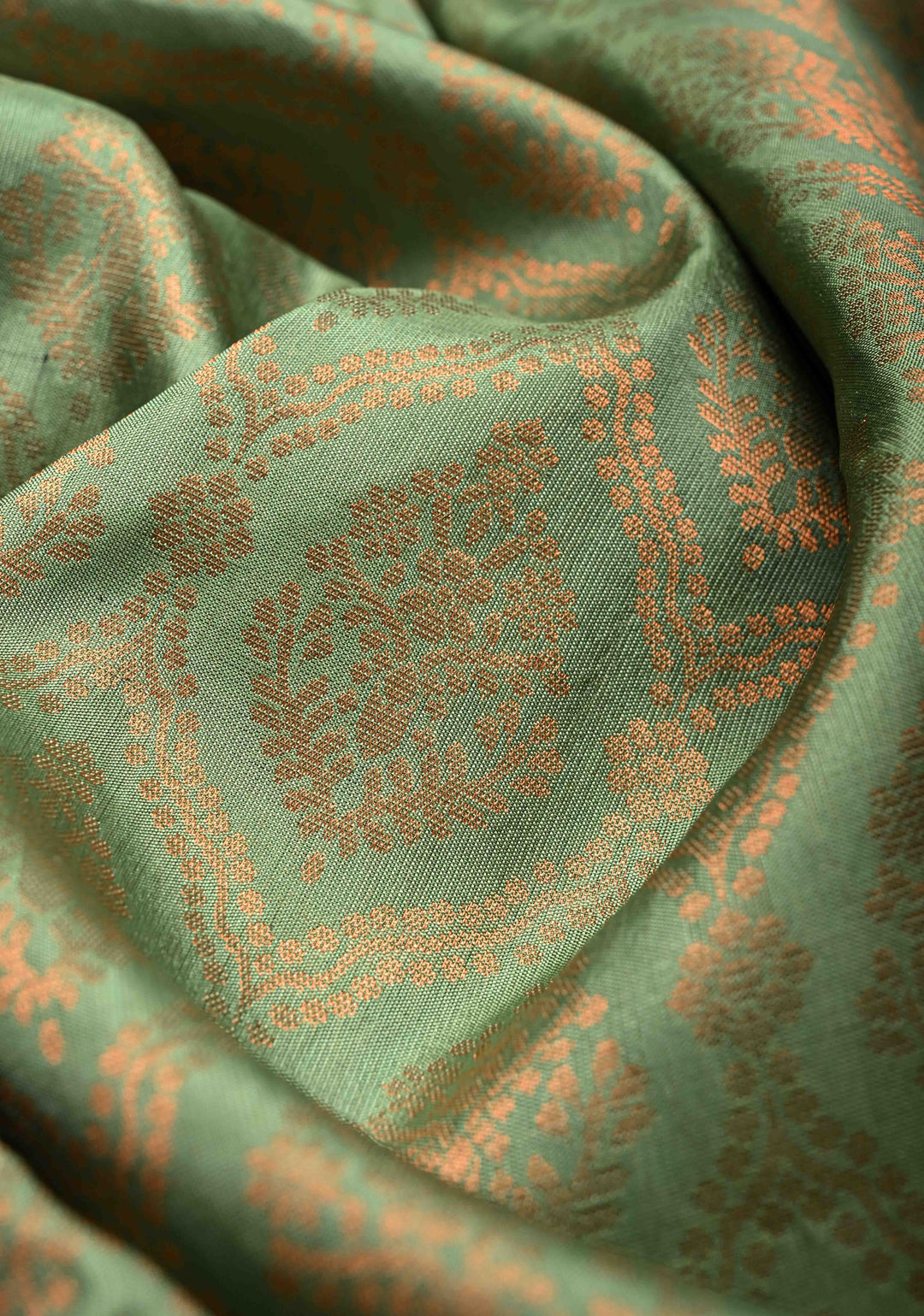 Pure Banarasi Soft Silk Saree in Spring Green with Antique Floral Brocade Jaal and Contrast Border | SILK MARK CERTIFIED