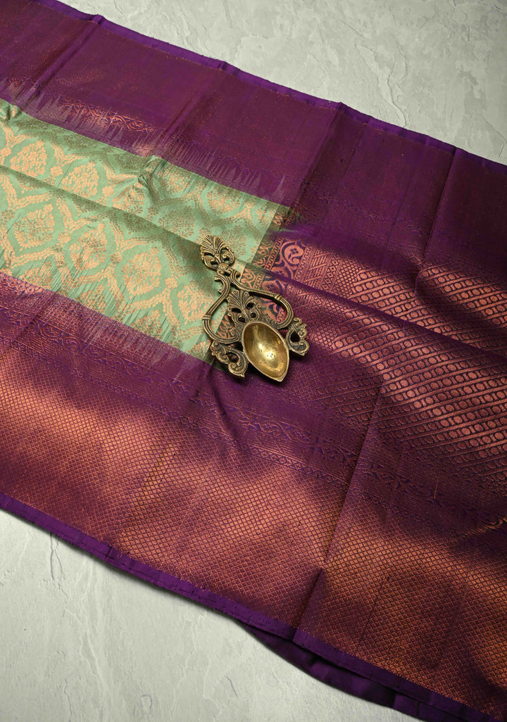 Pure Banarasi Soft Silk Saree in Spring Green with Antique Floral Brocade Jaal and Contrast Border | SILK MARK CERTIFIED