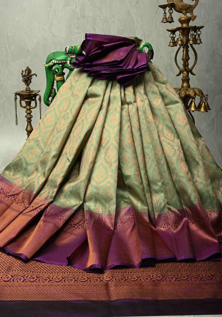 Pure Banarasi Soft Silk Saree in Spring Green with Antique Floral Brocade Jaal and Contrast Border | SILK MARK CERTIFIED