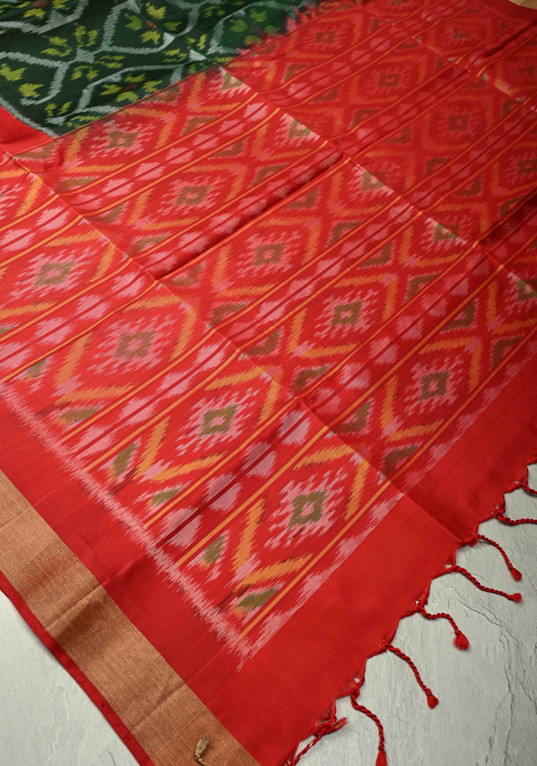Forest Green Fusion Ikkat Kanjivaram Soft Silk Saree with Weave Jaal and Zari Border | SILK MARK CERTIFIED | SHOBITAM