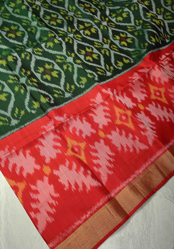 Forest Green Fusion Ikkat Kanjivaram Soft Silk Saree with Weave Jaal and Zari Border | SILK MARK CERTIFIED | SHOBITAM