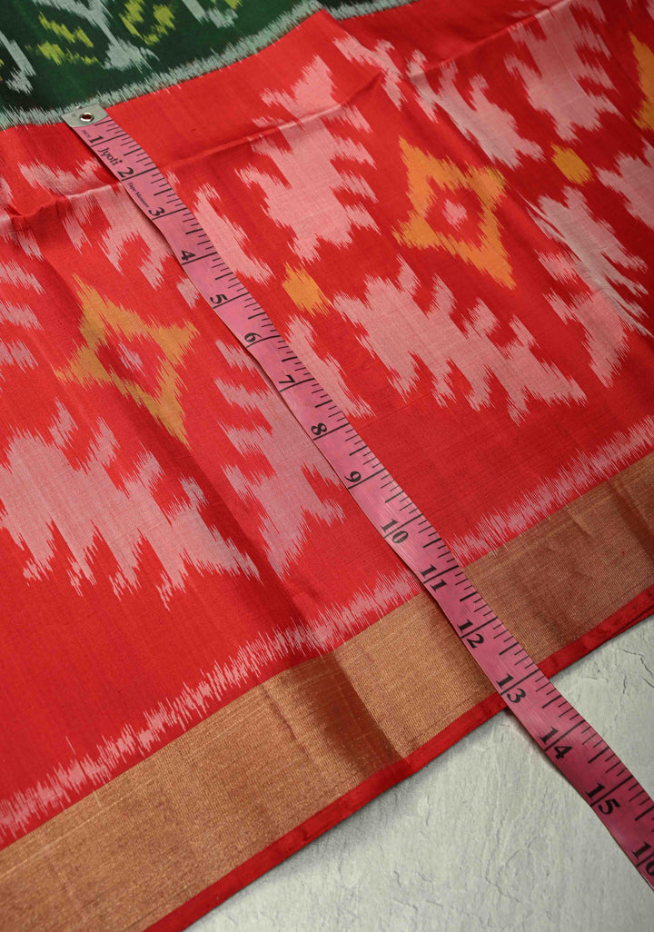 Forest Green Fusion Ikkat Kanjivaram Soft Silk Saree with Weave Jaal and Zari Border | SILK MARK CERTIFIED | SHOBITAM