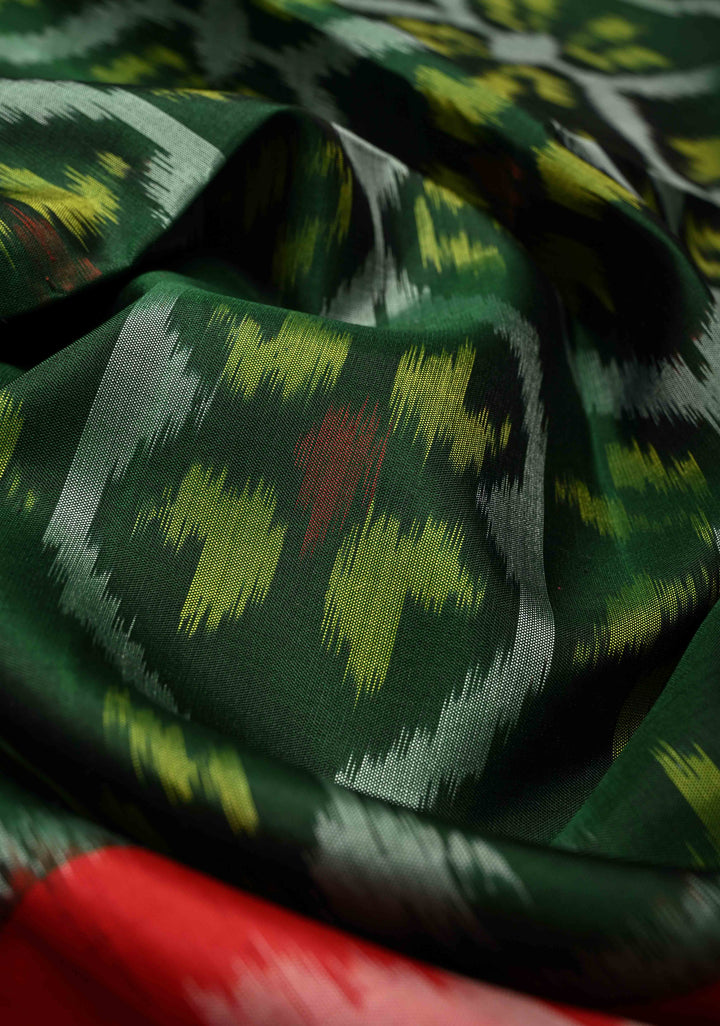 Forest Green Fusion Ikkat Kanjivaram Soft Silk Saree with Weave Jaal and Zari Border | SILK MARK CERTIFIED | SHOBITAM