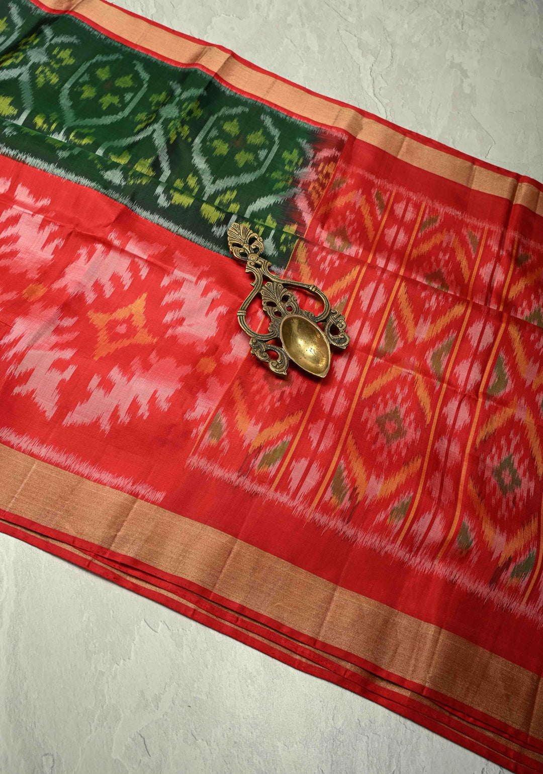 Forest Green Fusion Ikkat Kanjivaram Soft Silk Saree with Weave Jaal and Zari Border | SILK MARK CERTIFIED | SHOBITAM