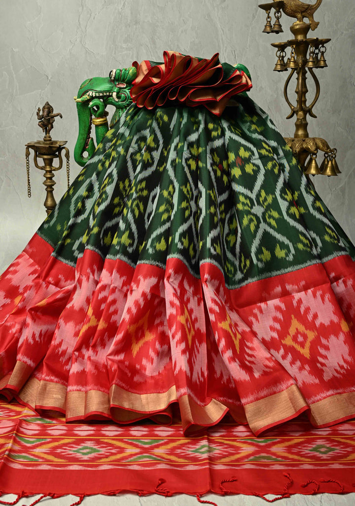 Forest Green Fusion Ikkat Kanjivaram Soft Silk Saree with Weave Jaal and Zari Border | SILK MARK CERTIFIED | SHOBITAM