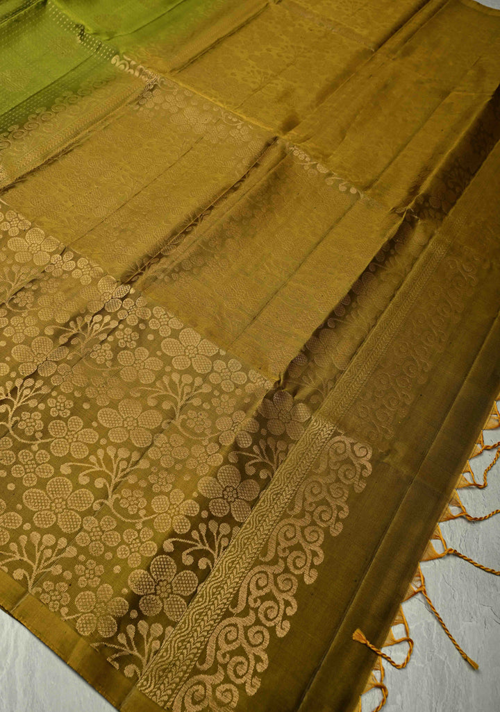 Mehendi Green Pin Zari Stripes on Kanjivaram Soft Silk Saree with Zari Buttas and Zari Border | SILK MARK CERTIFIED