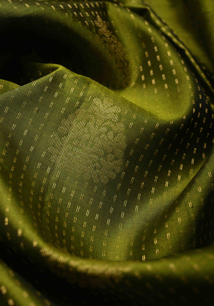 Mehendi Green Pin Zari Stripes on Kanjivaram Soft Silk Saree with Zari Buttas and Zari Border | SILK MARK CERTIFIED