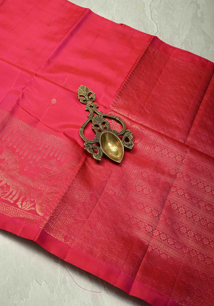 Pink Dual tone  Kanjivaram Soft Silk Saree with Chunri Buttis and Procession Zari Border | SILK MARK CERTIFIED