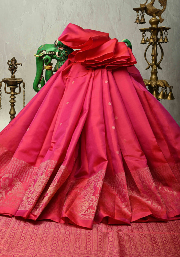 Pink Dual tone  Kanjivaram Soft Silk Saree with Chunri Buttis and Procession Zari Border | SILK MARK CERTIFIED