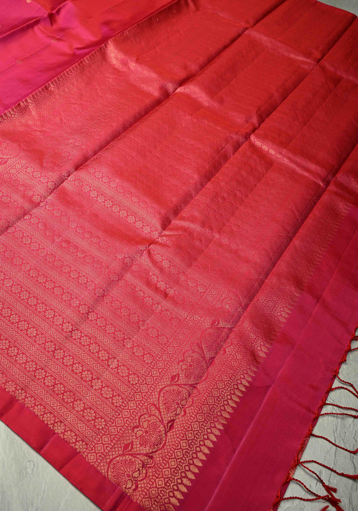Pink Dual tone  Kanjivaram Soft Silk Saree with Chunri Buttis and Procession Zari Border | SILK MARK CERTIFIED