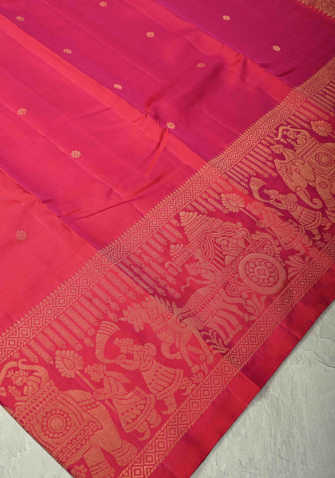 Pink Dual tone  Kanjivaram Soft Silk Saree with Chunri Buttis and Procession Zari Border | SILK MARK CERTIFIED