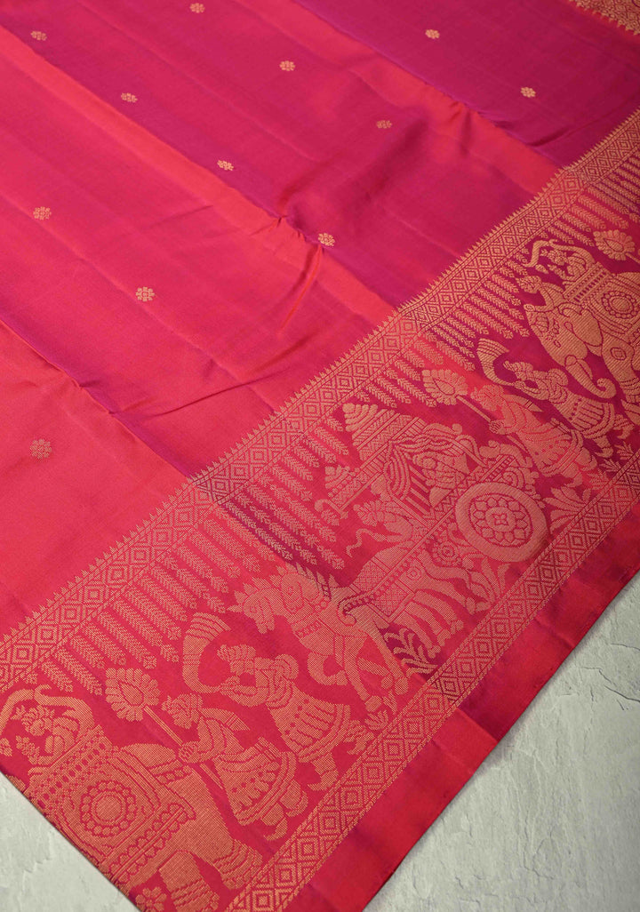 Pink Dual tone  Kanjivaram Soft Silk Saree with Chunri Buttis and Procession Zari Border | SILK MARK CERTIFIED