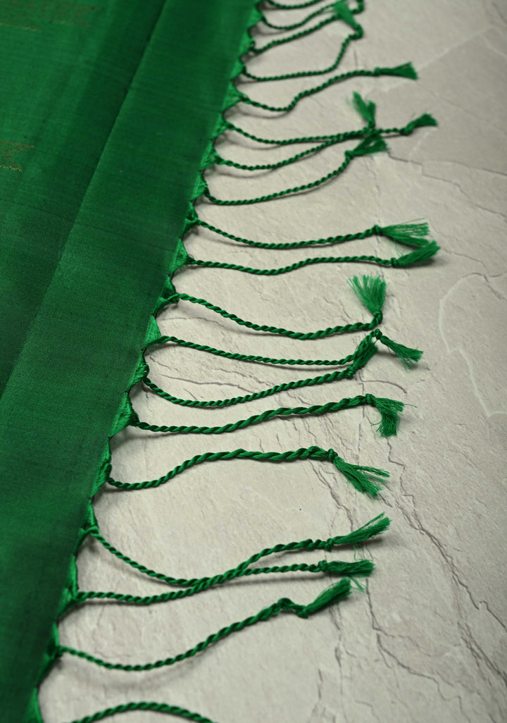 Bottle Green Kanjivaram Soft Silk Saree with Floral Zari Buttas and Temple Zari Border | SILK MARK CERTIFIED