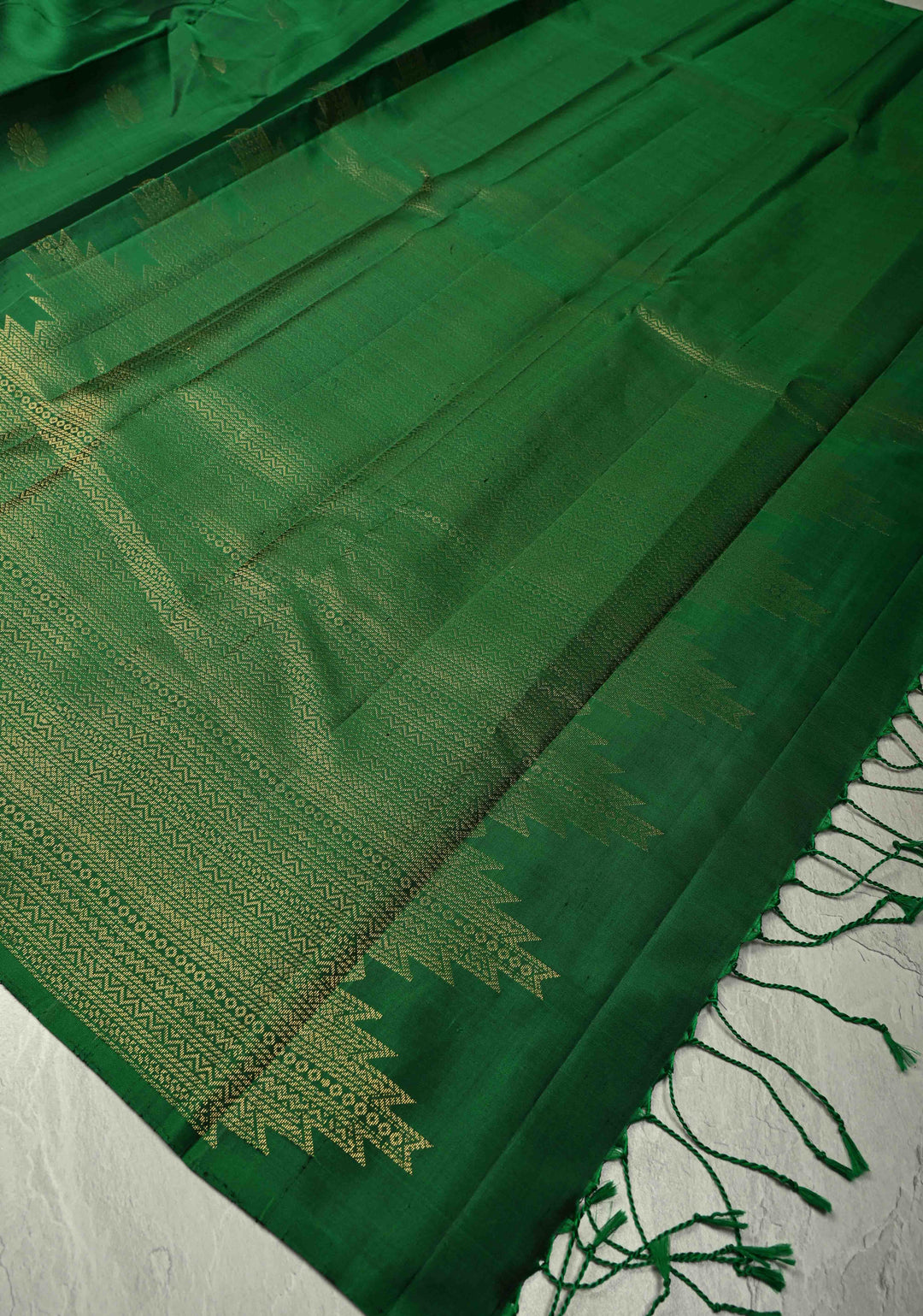 Bottle Green Kanjivaram Soft Silk Saree with Floral Zari Buttas and Temple Zari Border | SILK MARK CERTIFIED