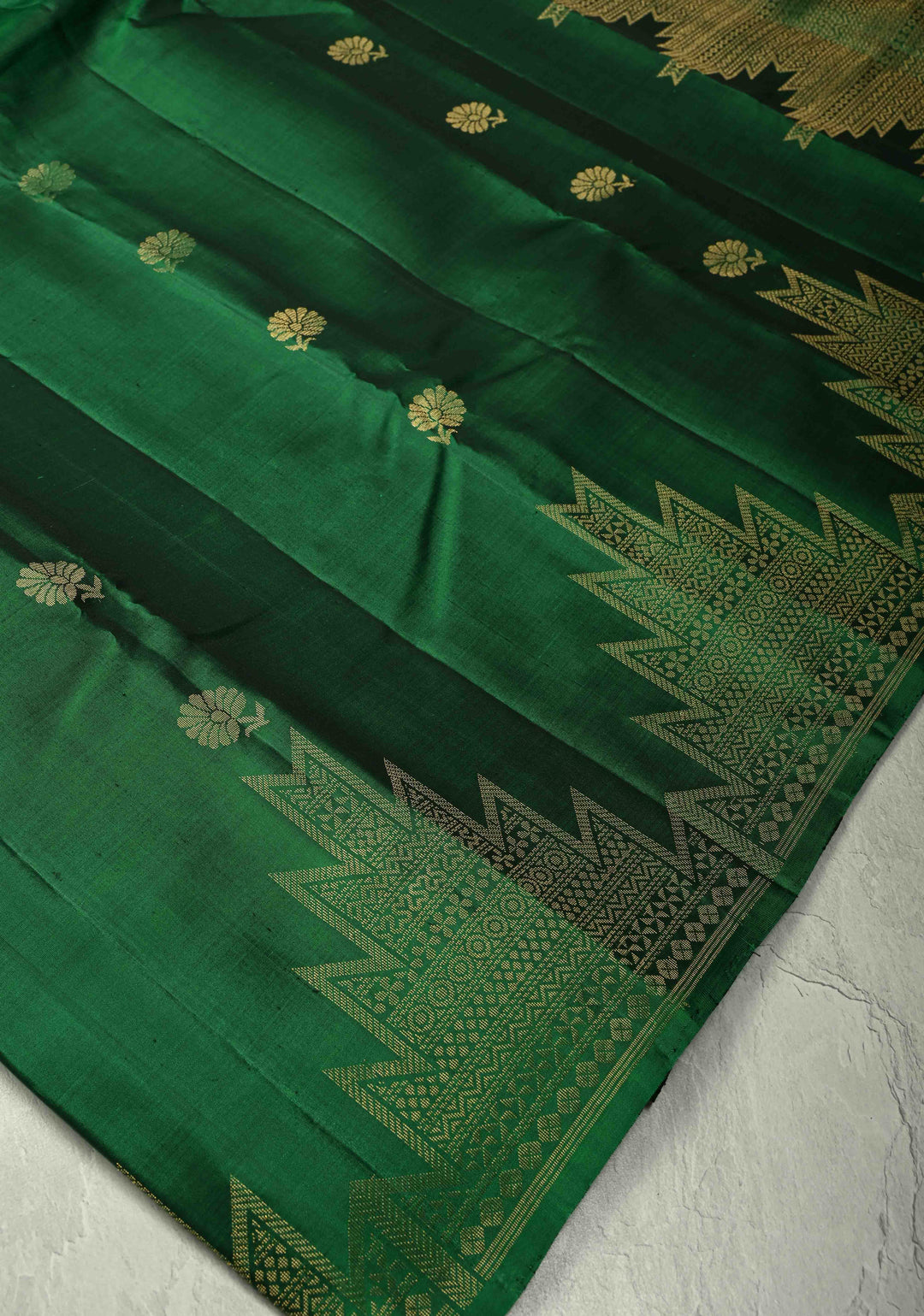 Bottle Green Kanjivaram Soft Silk Saree with Floral Zari Buttas and Temple Zari Border | SILK MARK CERTIFIED