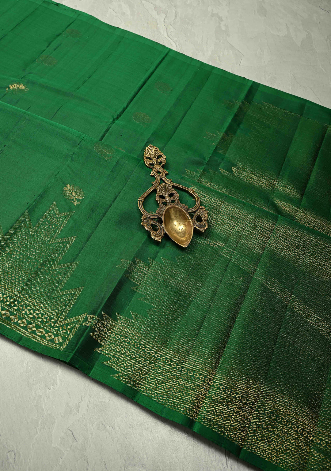 Bottle Green Kanjivaram Soft Silk Saree with Floral Zari Buttas and Temple Zari Border | SILK MARK CERTIFIED