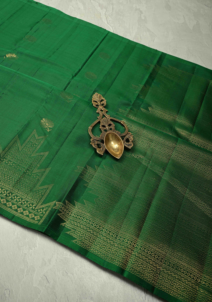 Bottle Green Kanjivaram Soft Silk Saree with Floral Zari Buttas and Temple Zari Border | SILK MARK CERTIFIED