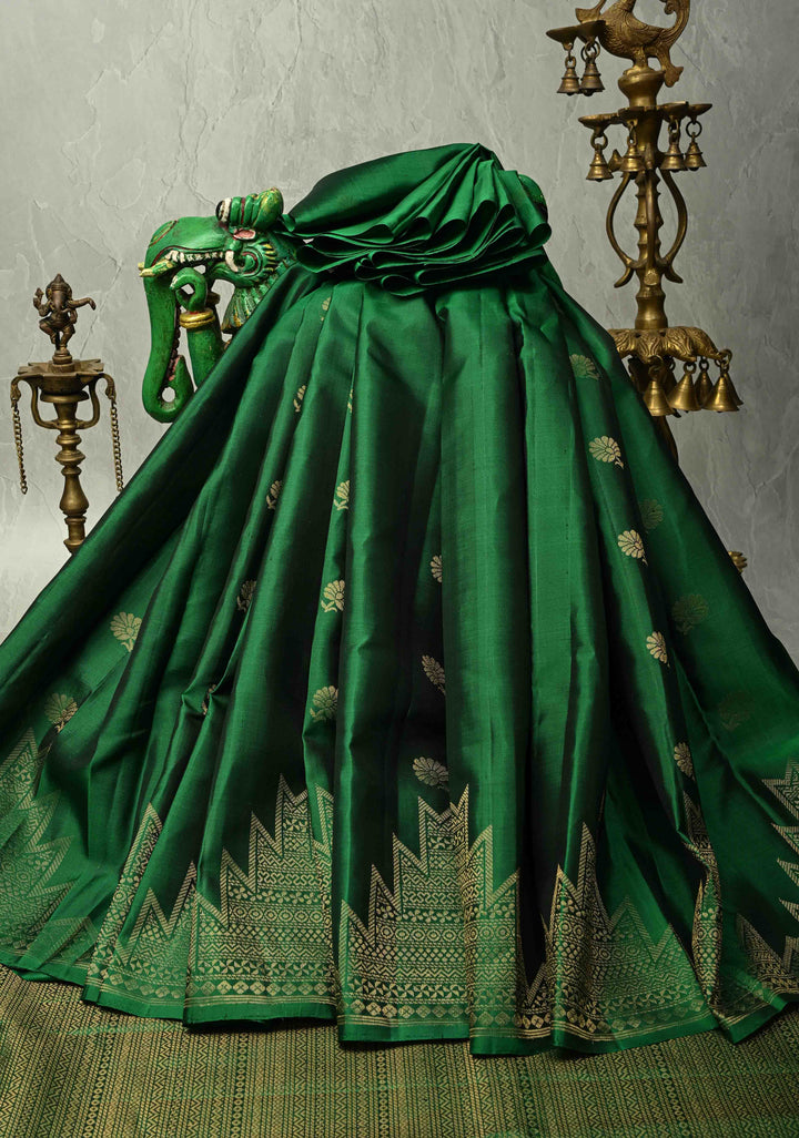 Bottle Green Kanjivaram Soft Silk Saree with Floral Zari Buttas and Temple Zari Border | SILK MARK CERTIFIED