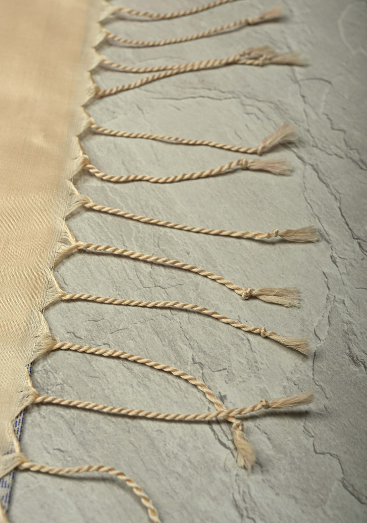 Off White Kanjivaram Soft Silk Saree with Floral Zari Buttas and Meenakari Cross Stitch Temple Border | SILK MARK CERTIFIED