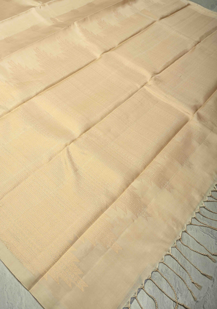 Off White Kanjivaram Soft Silk Saree with Floral Zari Buttas and Meenakari Cross Stitch Temple Border | SILK MARK CERTIFIED