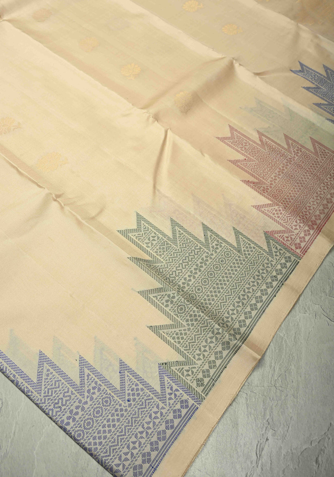 Off White Kanjivaram Soft Silk Saree with Floral Zari Buttas and Meenakari Cross Stitch Temple Border | SILK MARK CERTIFIED