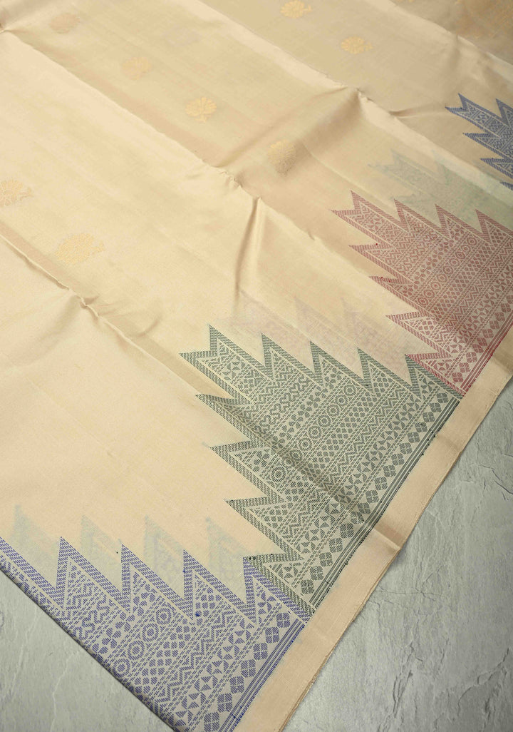 Off White Kanjivaram Soft Silk Saree with Floral Zari Buttas and Meenakari Cross Stitch Temple Border | SILK MARK CERTIFIED