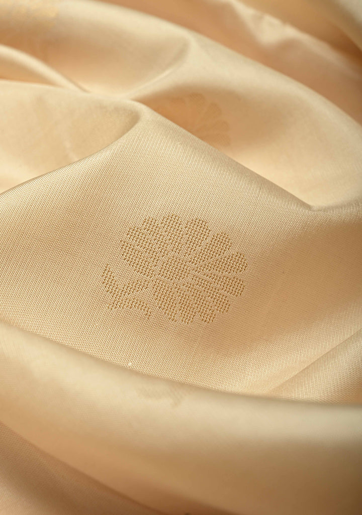 Off White Kanjivaram Soft Silk Saree with Floral Zari Buttas and Meenakari Cross Stitch Temple Border | SILK MARK CERTIFIED