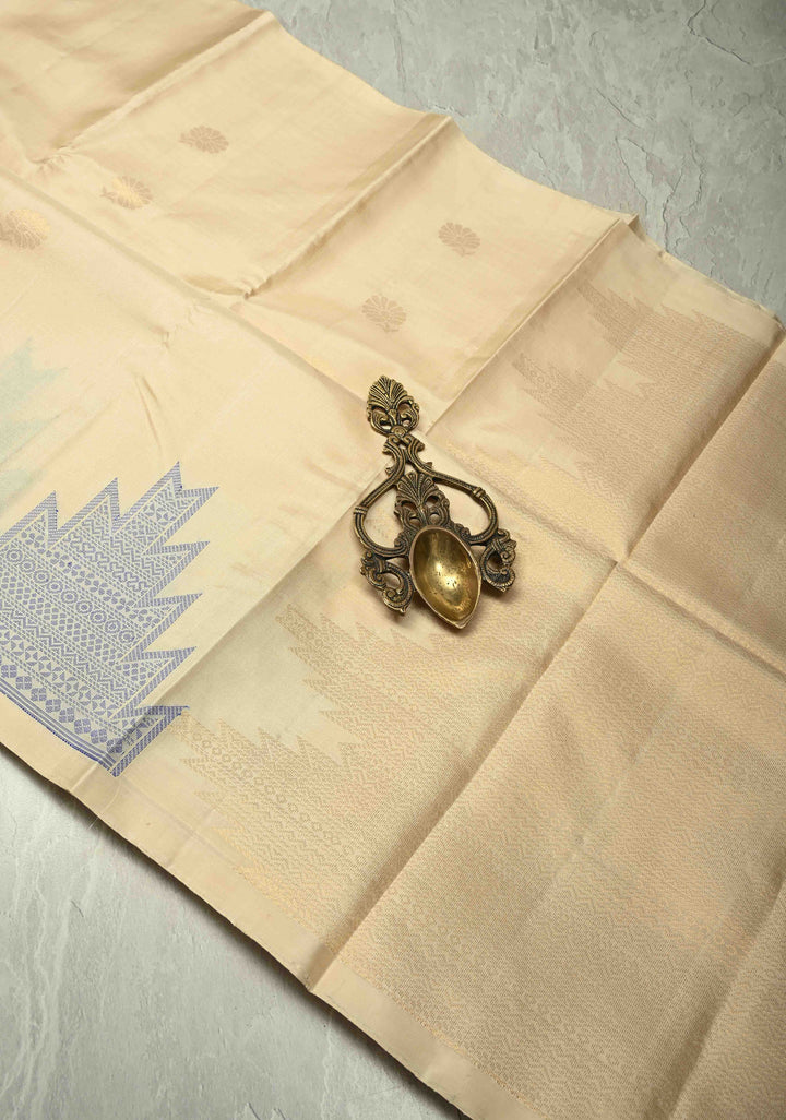 Off White Kanjivaram Soft Silk Saree with Floral Zari Buttas and Meenakari Cross Stitch Temple Border | SILK MARK CERTIFIED