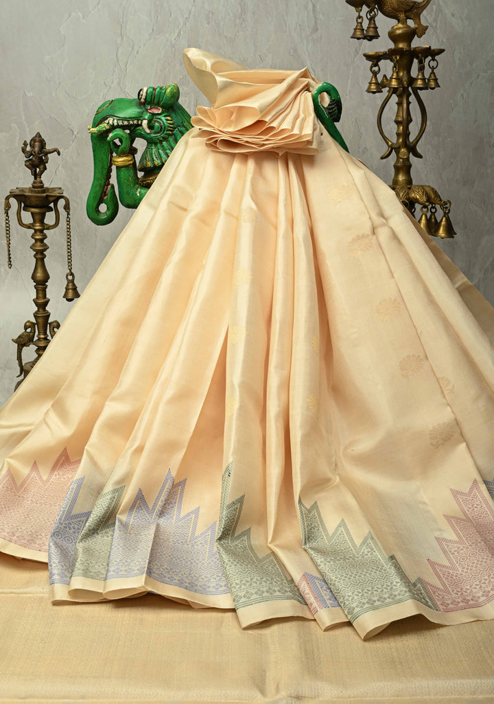 Off White Kanjivaram Soft Silk Saree with Floral Zari Buttas and Meenakari Cross Stitch Temple Border | SILK MARK CERTIFIED