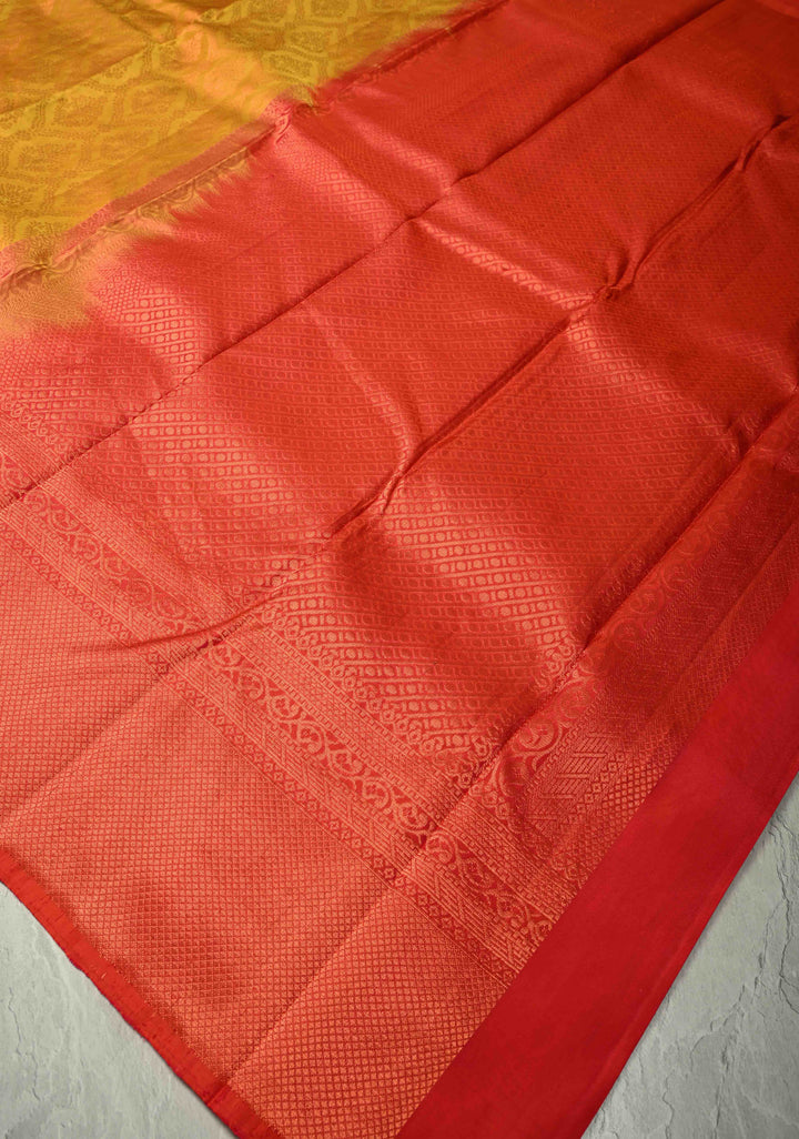 Mustard Yellow Kanjivaram Soft Silk Saree with Brocade Jaal and Contrast Zari Border | SILK MARK CERTIFIED