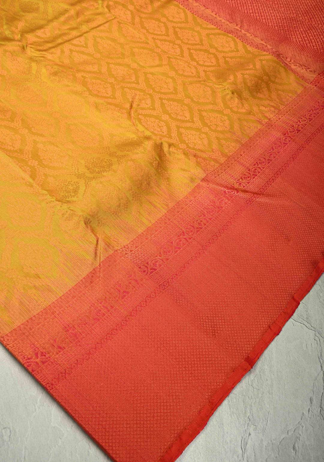 Mustard Yellow Kanjivaram Soft Silk Saree with Brocade Jaal and Contrast Zari Border | SILK MARK CERTIFIED