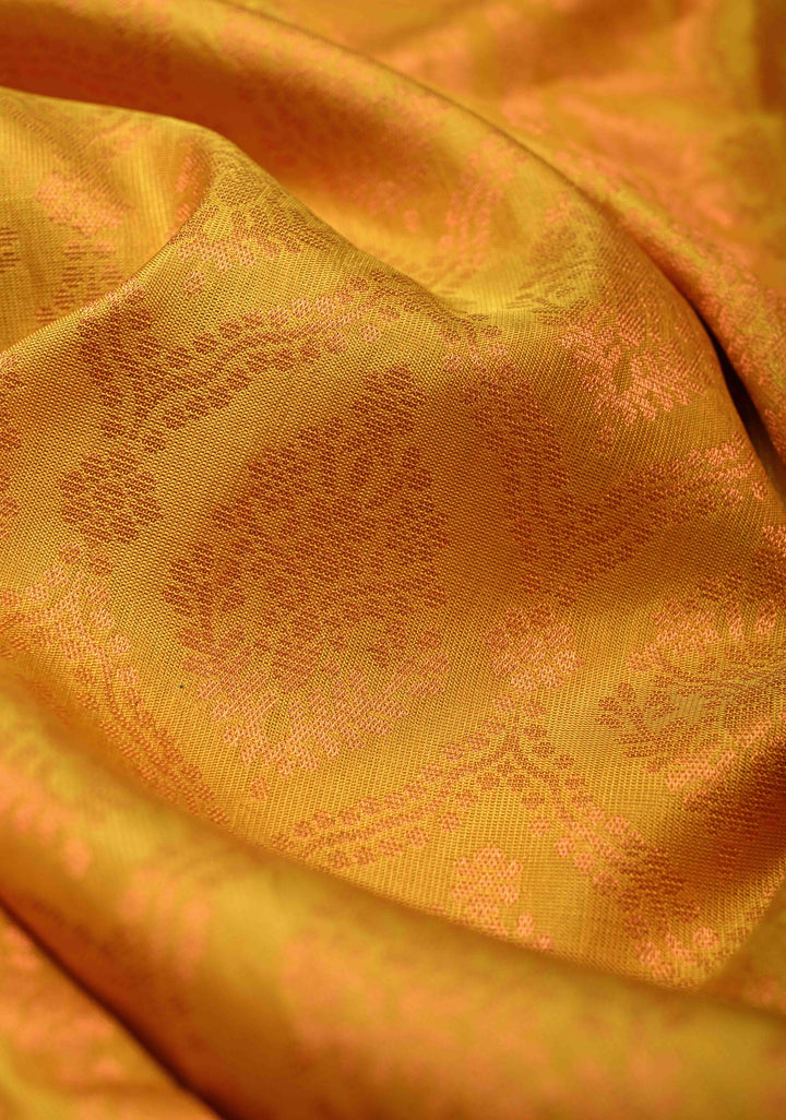 Mustard Yellow Kanjivaram Soft Silk Saree with Brocade Jaal and Contrast Zari Border | SILK MARK CERTIFIED