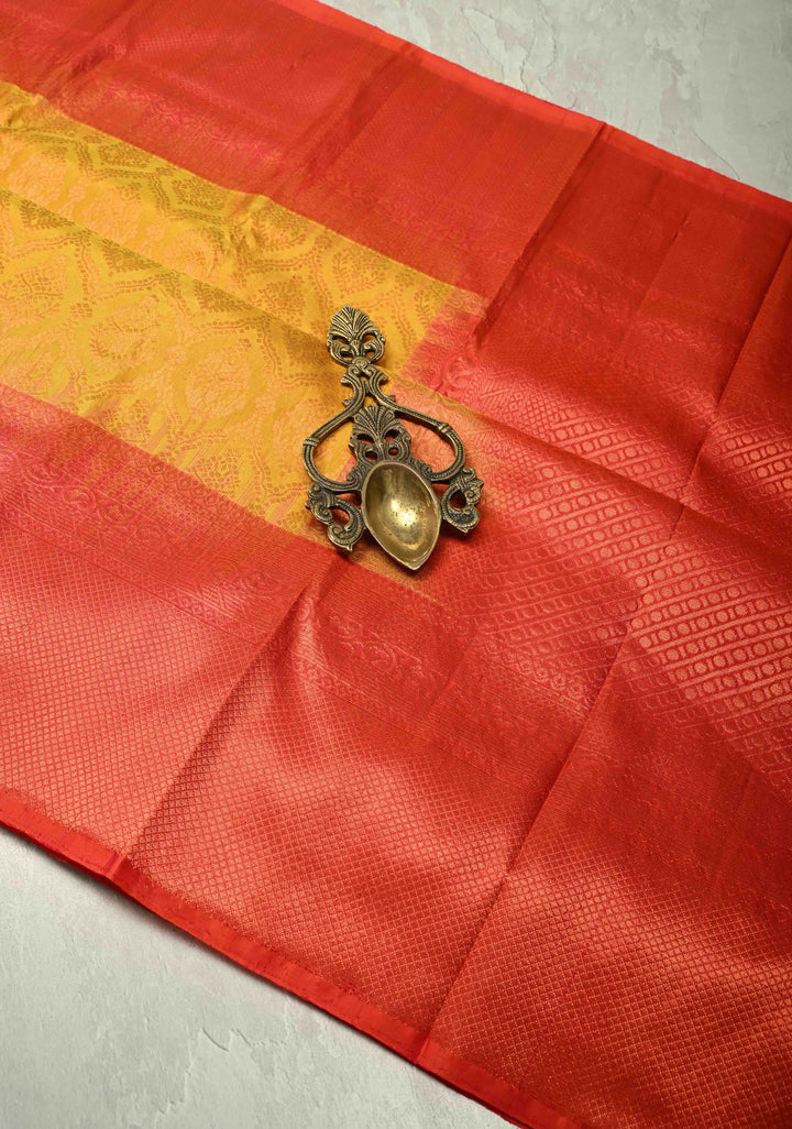 Mustard Yellow Kanjivaram Soft Silk Saree with Brocade Jaal and Contrast Zari Border | SILK MARK CERTIFIED