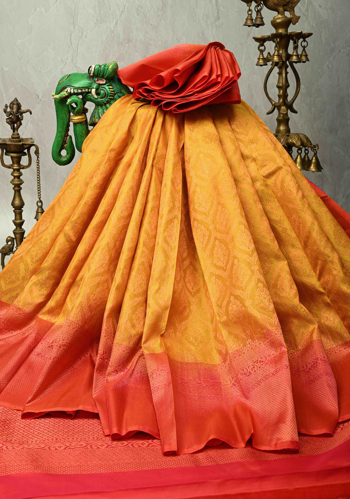 Mustard Yellow Kanjivaram Soft Silk Saree with Brocade Jaal and Contrast Zari Border | SILK MARK CERTIFIED