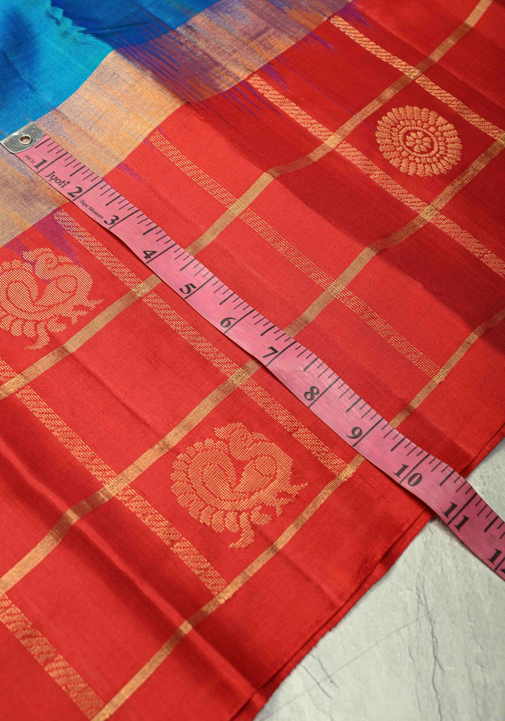 Peacock Blue Dual tone Kanjivaram Soft Silk Saree with Peacock Buttas and Contrast Zari Checks Border | SILK MARK CERTIFIED