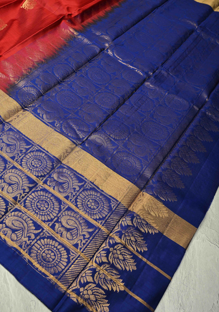 Dark Red Kanjivaram Soft Silk Saree with Zari Buttas and Wide Contrast Zari Checks Border | SILK MARK CERTIFIED | SHOBITAM