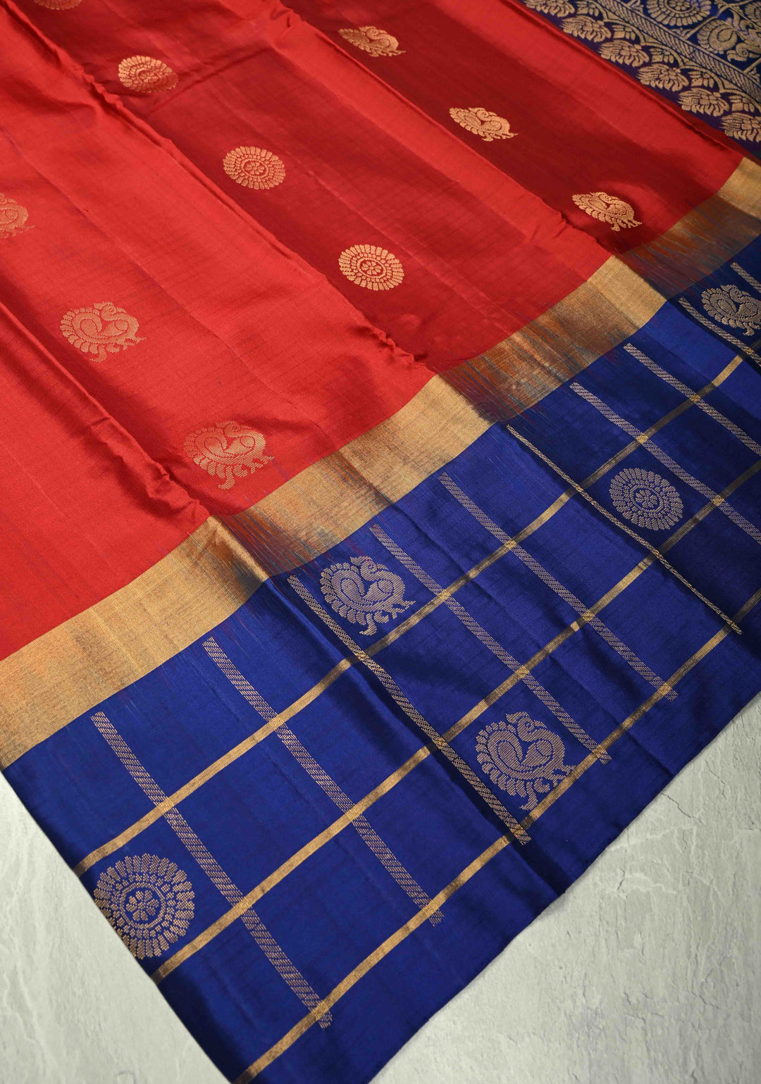 Dark Red Kanjivaram Soft Silk Saree with Zari Buttas and Wide Contrast Zari Checks Border | SILK MARK CERTIFIED | SHOBITAM