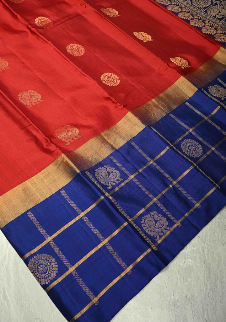 Dark Red Kanjivaram Soft Silk Saree with Zari Buttas and Wide Contrast Zari Checks Border | SILK MARK CERTIFIED | SHOBITAM