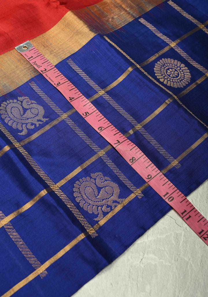 Dark Red Kanjivaram Soft Silk Saree with Zari Buttas and Wide Contrast Zari Checks Border | SILK MARK CERTIFIED | SHOBITAM