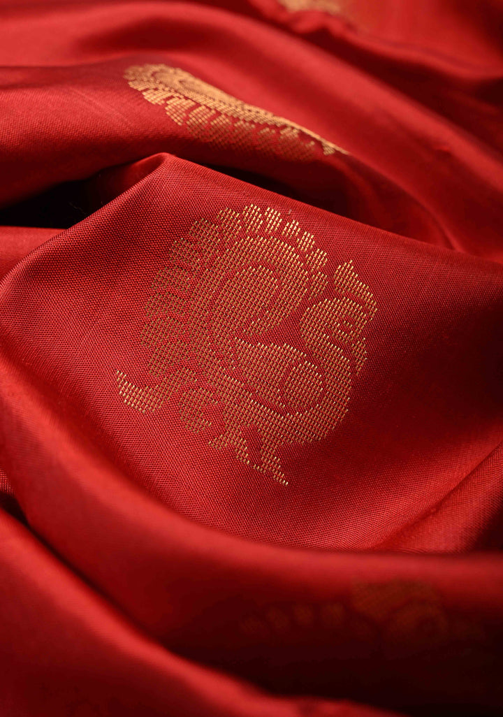 Dark Red Kanjivaram Soft Silk Saree with Zari Buttas and Wide Contrast Zari Checks Border | SILK MARK CERTIFIED | SHOBITAM