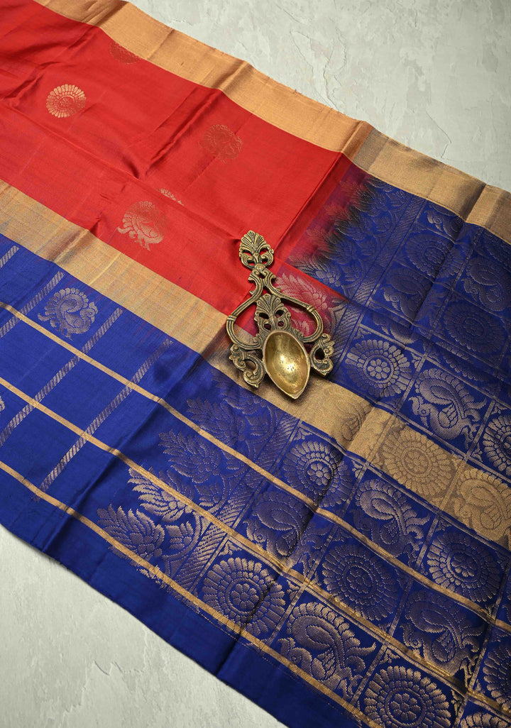 Dark Red Kanjivaram Soft Silk Saree with Zari Buttas and Wide Contrast Zari Checks Border | SILK MARK CERTIFIED | SHOBITAM