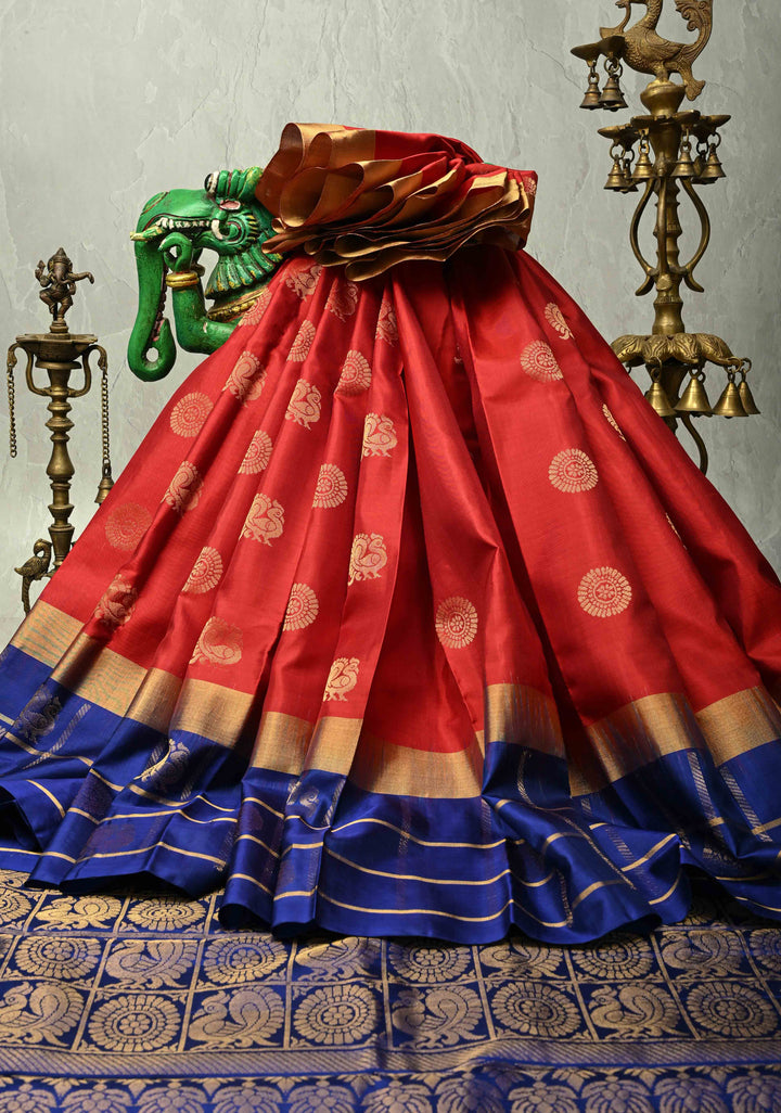 Dark Red Kanjivaram Soft Silk Saree with Zari Buttas and Wide Contrast Zari Checks Border | SILK MARK CERTIFIED | SHOBITAM