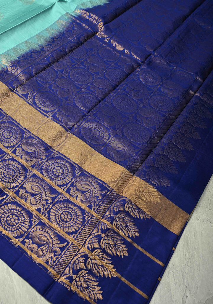 Powder Blue Kanjivaram Soft Silk Saree with Peacock Buttas and Contrast Zari Checks Border | SILK MARK CERTIFIED