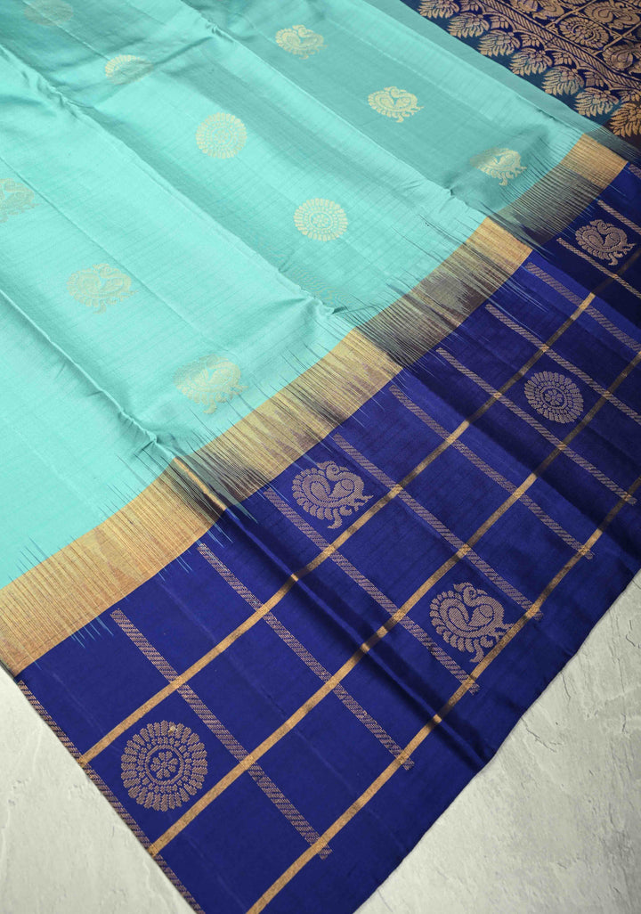 Powder Blue Kanjivaram Soft Silk Saree with Peacock Buttas and Contrast Zari Checks Border | SILK MARK CERTIFIED