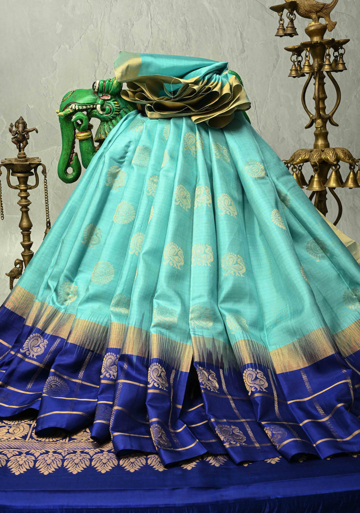 Powder Blue Kanjivaram Soft Silk Saree with Peacock Buttas and Contrast Zari Checks Border | SILK MARK CERTIFIED