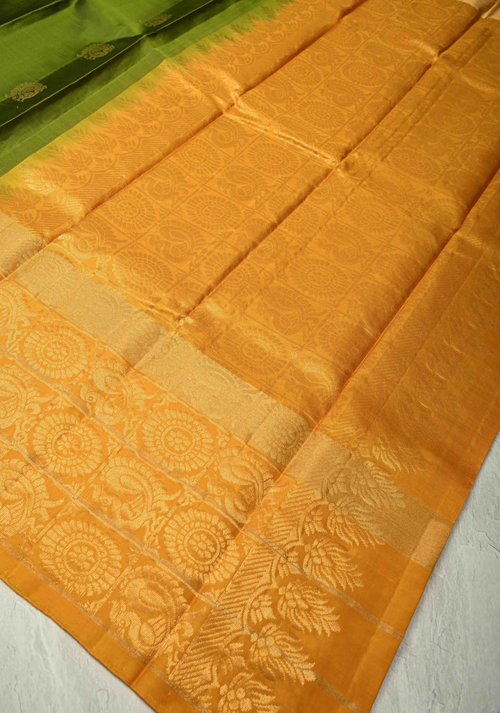 Mehendi Green Kanjivaram Soft Silk Saree with Peacock Buttas and Contrast Zari Checks Border | SILK MARK CERTIFIED