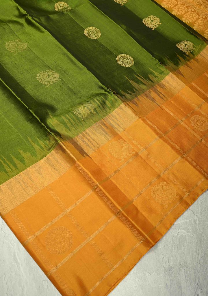 Mehendi Green Kanjivaram Soft Silk Saree with Peacock Buttas and Contrast Zari Checks Border | SILK MARK CERTIFIED