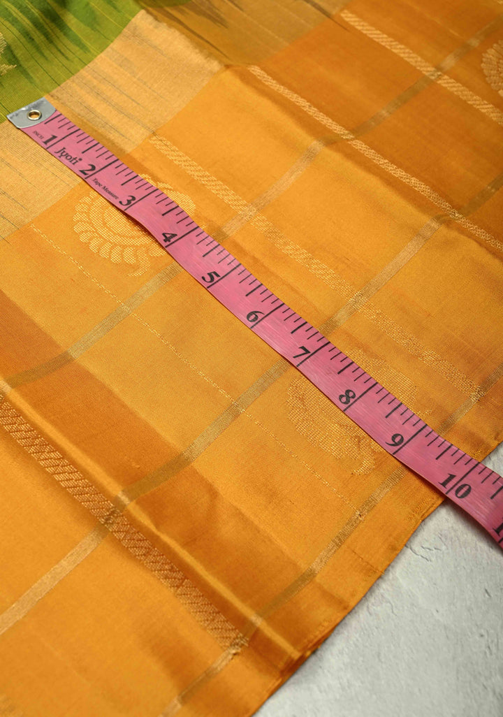 Mehendi Green Kanjivaram Soft Silk Saree with Peacock Buttas and Contrast Zari Checks Border | SILK MARK CERTIFIED