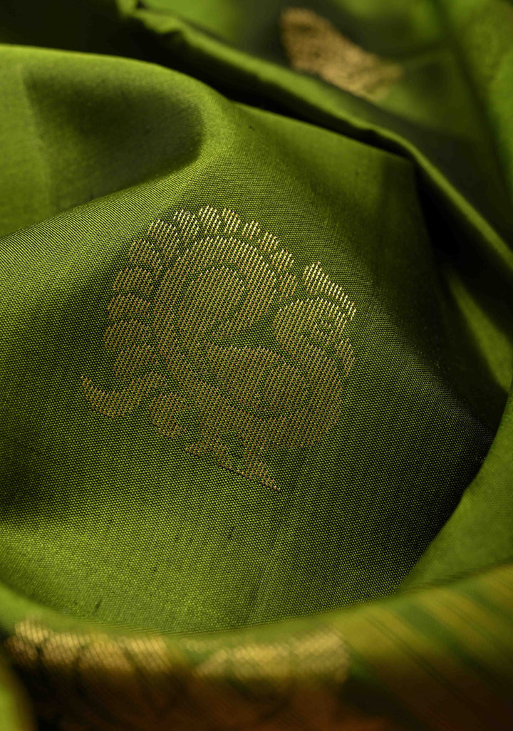Mehendi Green Kanjivaram Soft Silk Saree with Peacock Buttas and Contrast Zari Checks Border | SILK MARK CERTIFIED