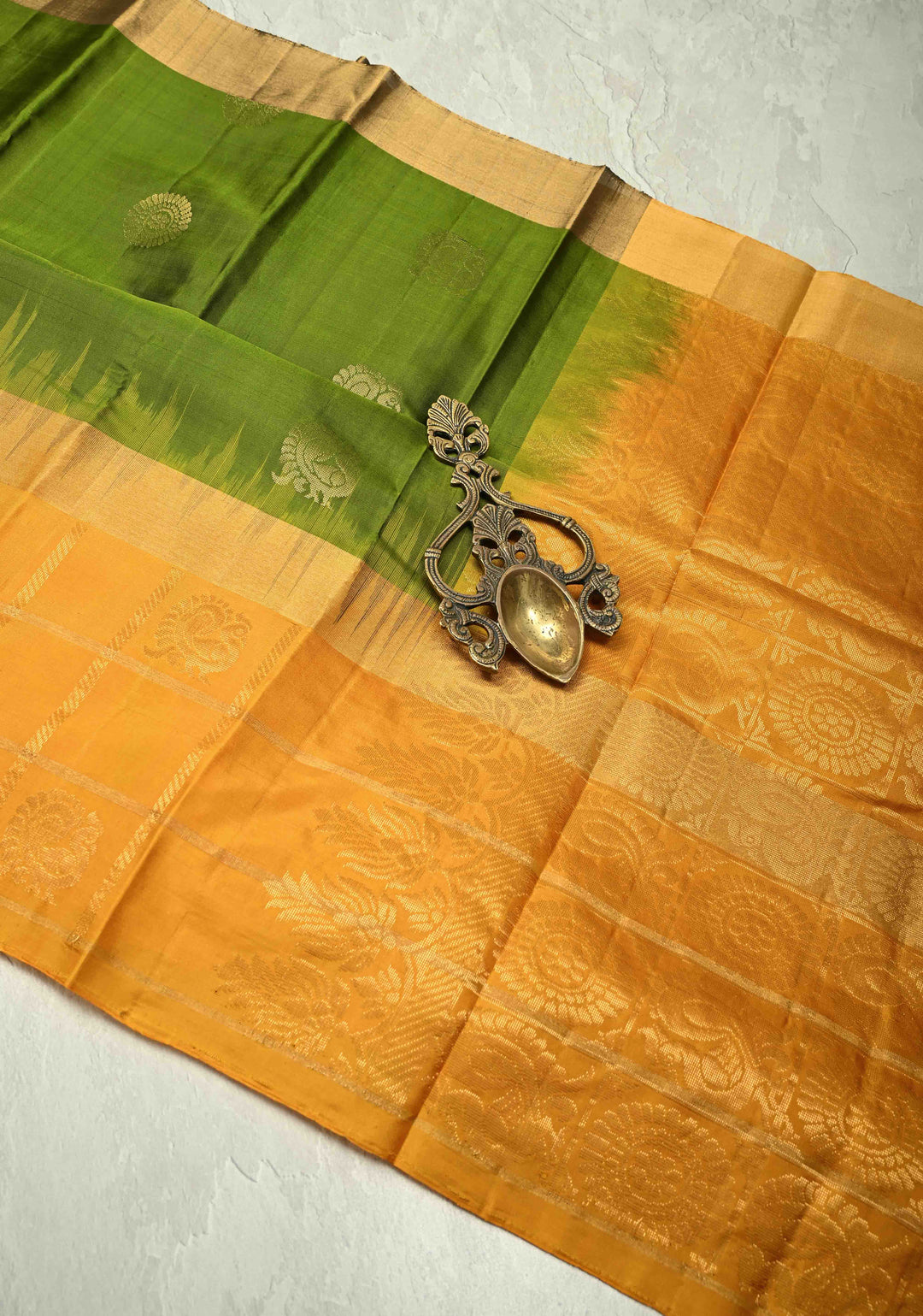 Mehendi Green Kanjivaram Soft Silk Saree with Peacock Buttas and Contrast Zari Checks Border | SILK MARK CERTIFIED